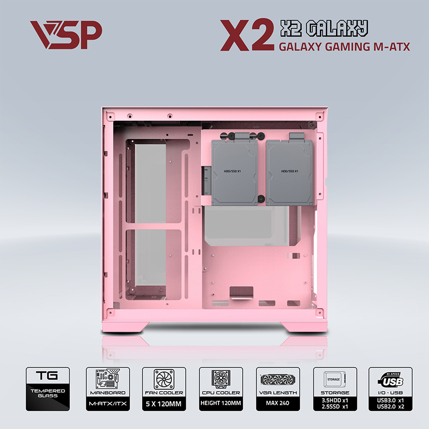 Vỏ Case Aquanaut Pro Gaming Micro ATX X2 Galaxy (Pink)