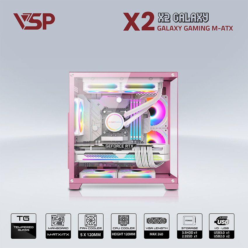 Vỏ Case Aquanaut Pro Gaming Micro ATX X2 Galaxy (Pink)