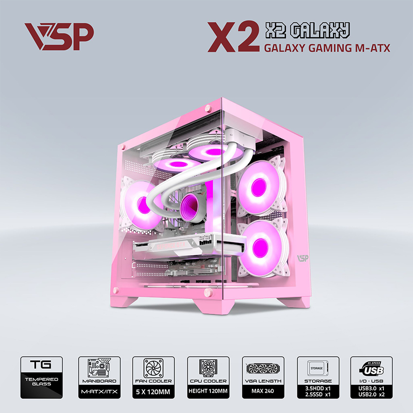 Vỏ Case Aquanaut Pro Gaming Micro ATX X2 Galaxy (Pink)