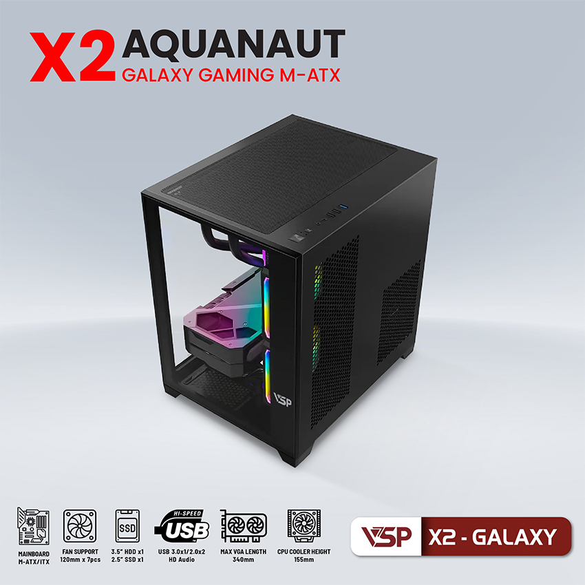 Vỏ Case Aquanaut Pro Gaming Micro ATX X2 Galaxy (Black)