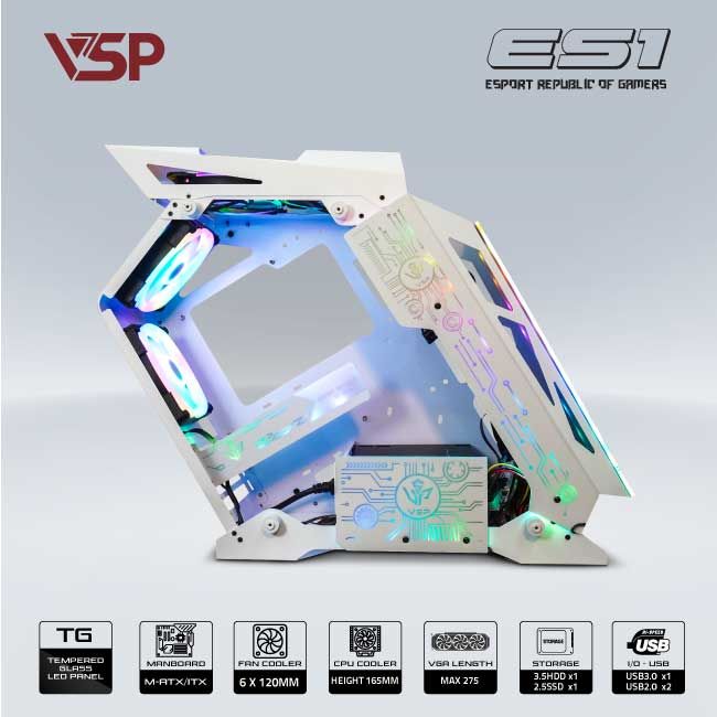 Vỏ Case VSP REPUBLIC OF GAMERS ES1 - TRẮNG (mATX/Mid Tower)