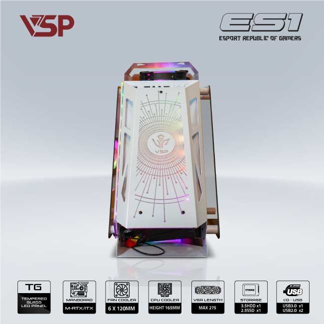 Vỏ Case VSP REPUBLIC OF GAMERS ES1 - TRẮNG (mATX/Mid Tower)