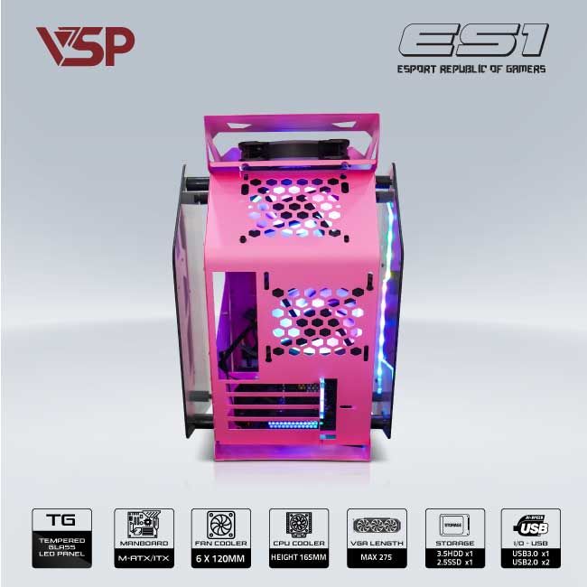 Vỏ Case VSP REPUBLIC OF GAMERS ES1 - HỒNG (mATX/Mid Tower)