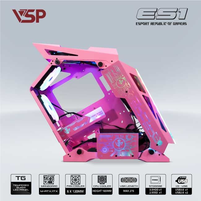 Vỏ Case VSP REPUBLIC OF GAMERS ES1 - HỒNG (mATX/Mid Tower)