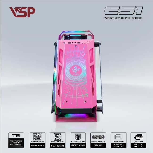Vỏ Case VSP REPUBLIC OF GAMERS ES1 - HỒNG (mATX/Mid Tower)