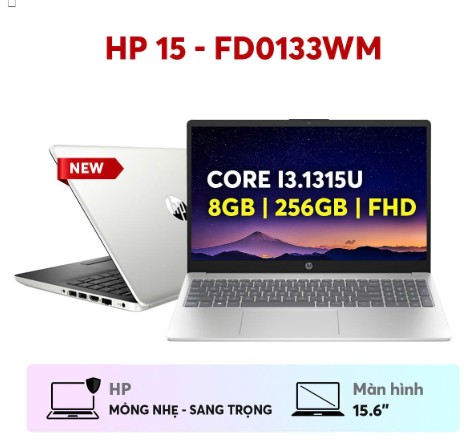 Máy tính xách tay HP 15 -fd0133wm Core™ i3 1315u 256GB SSD 8GB 15.6"FHD Win 11 Natural Silver